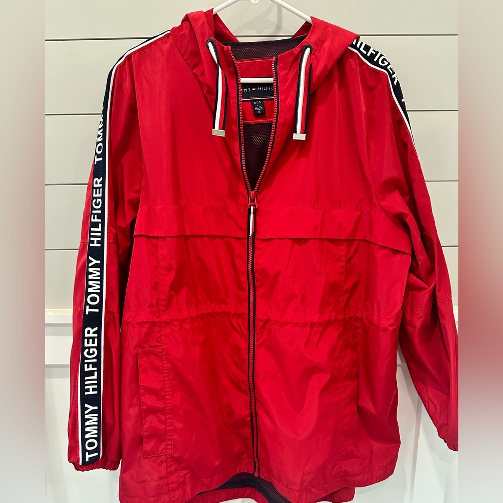 Tommy Hilfiger Red Hooded Windbreaker with Logo Tape
